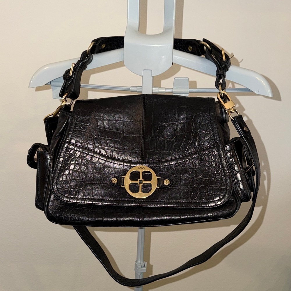 IMAN Black Croc-Embossed Shoulder Bag with Gold-Tone Medallion